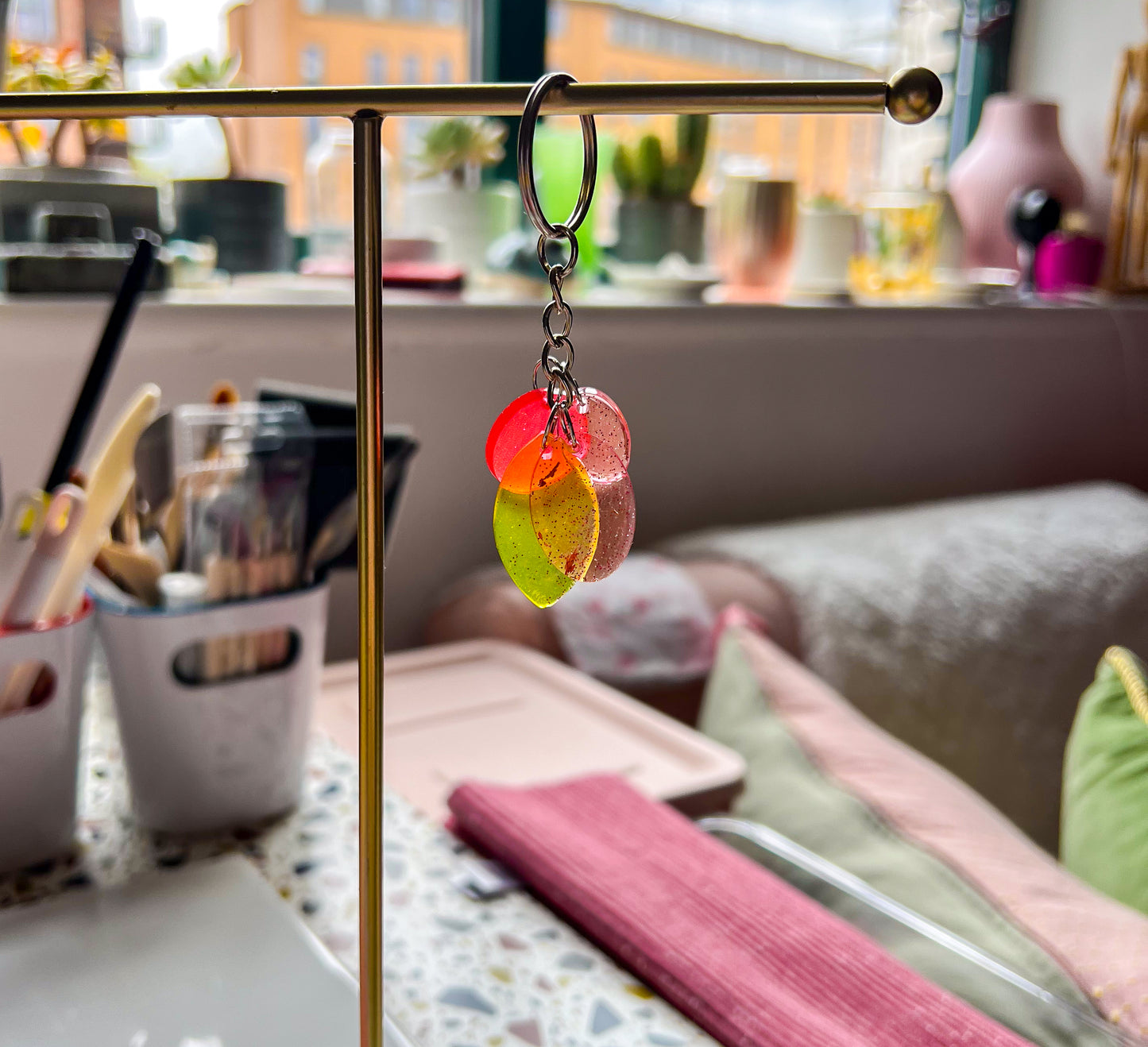 Organic Red Yellow Pink Sparkly Keychain
