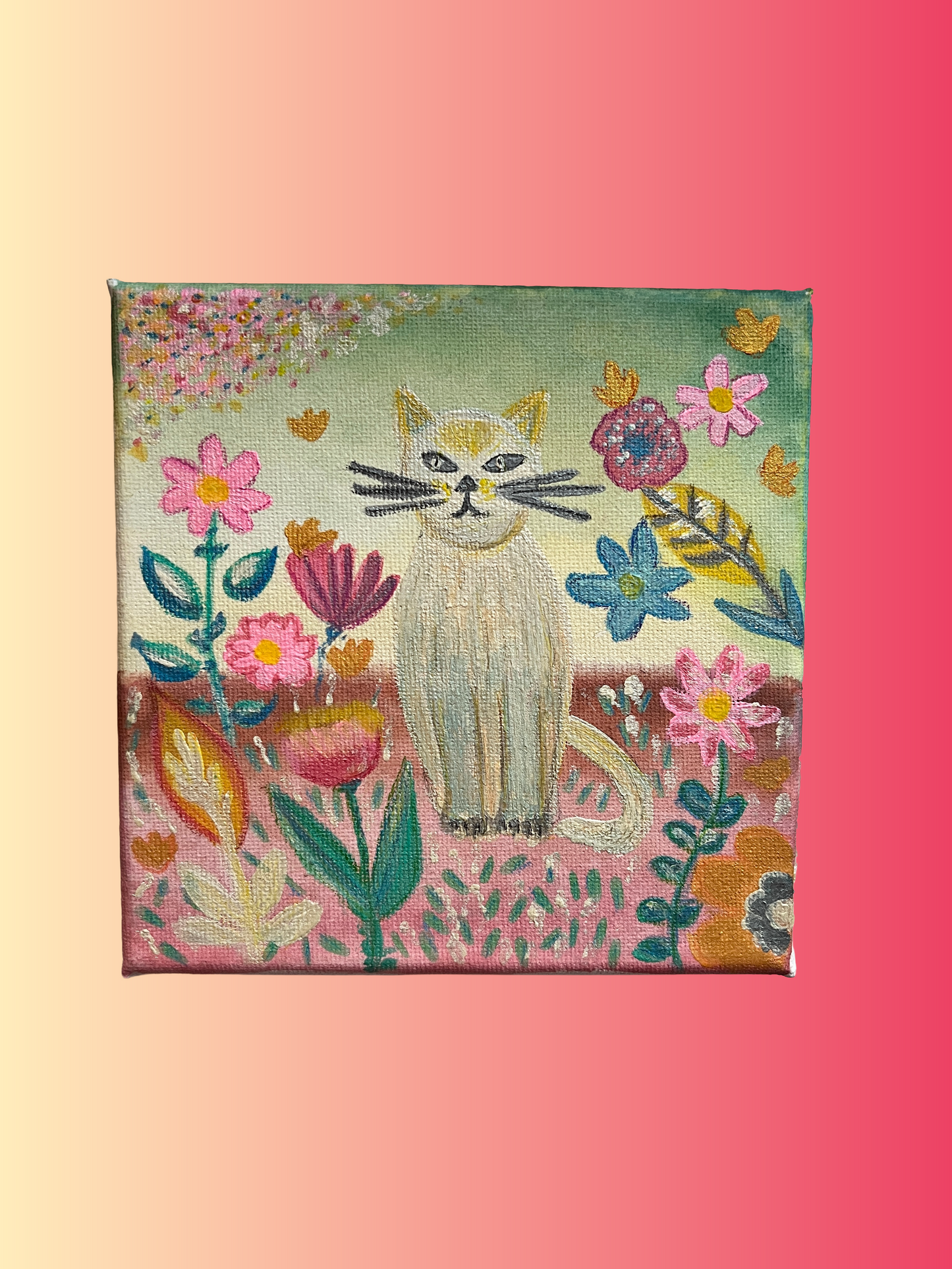 White Cat in a Garden Painting