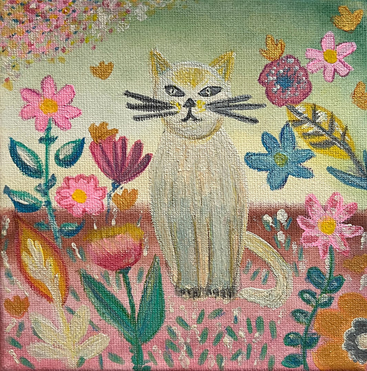 White Cat in a Garden Painting