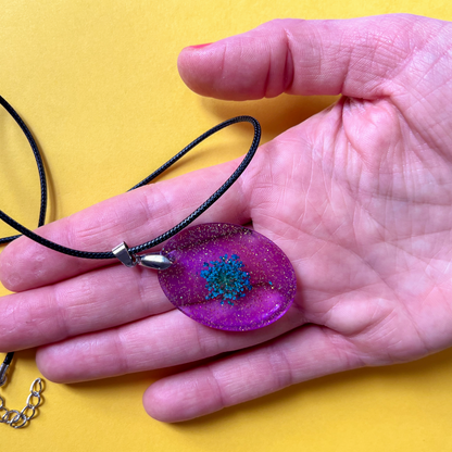 Oval Purple Sparkly with Pressed Flower Necklace