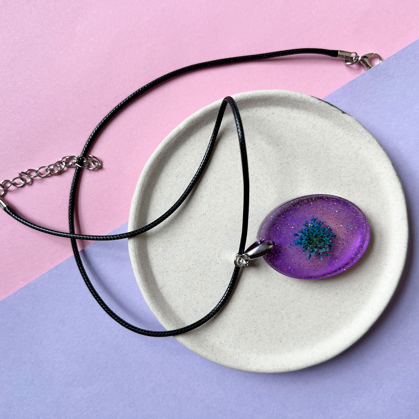 Oval Purple Sparkly with Pressed Flower Necklace