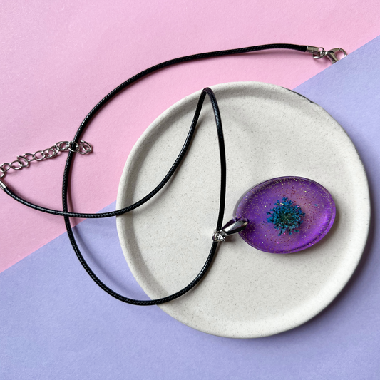 Oval Purple Sparkly with Pressed Flower Necklace