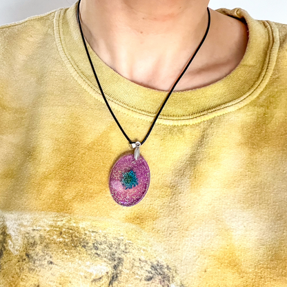 Oval Purple Sparkly with Pressed Flower Necklace