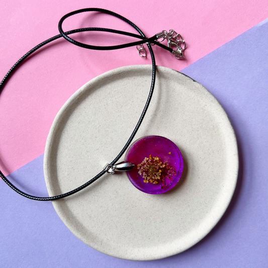 Round Purple Sparkly with Pressed Flower Necklace