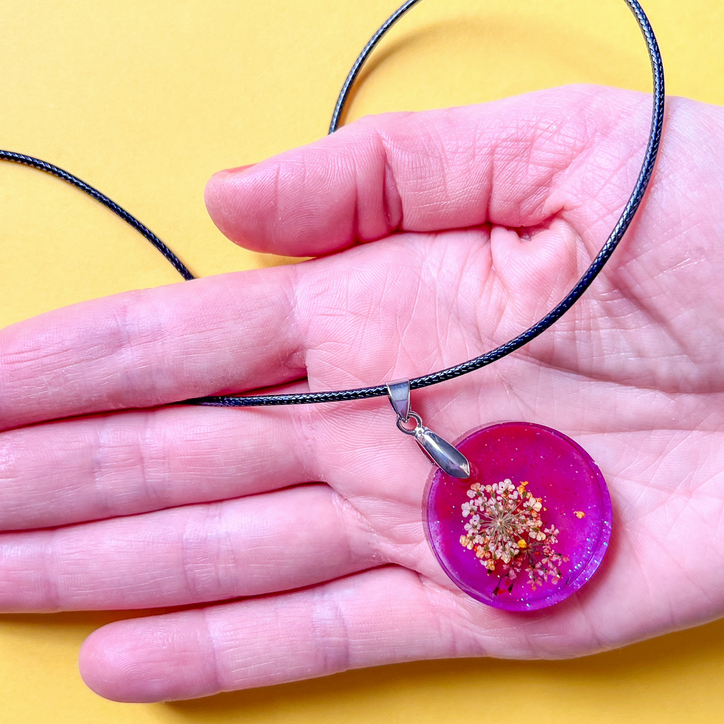 Round Purple Sparkly with Pressed Flower Necklace