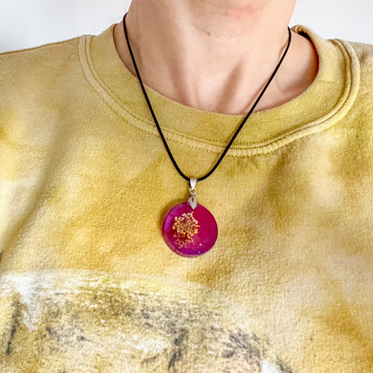 Round Purple Sparkly with Pressed Flower Necklace