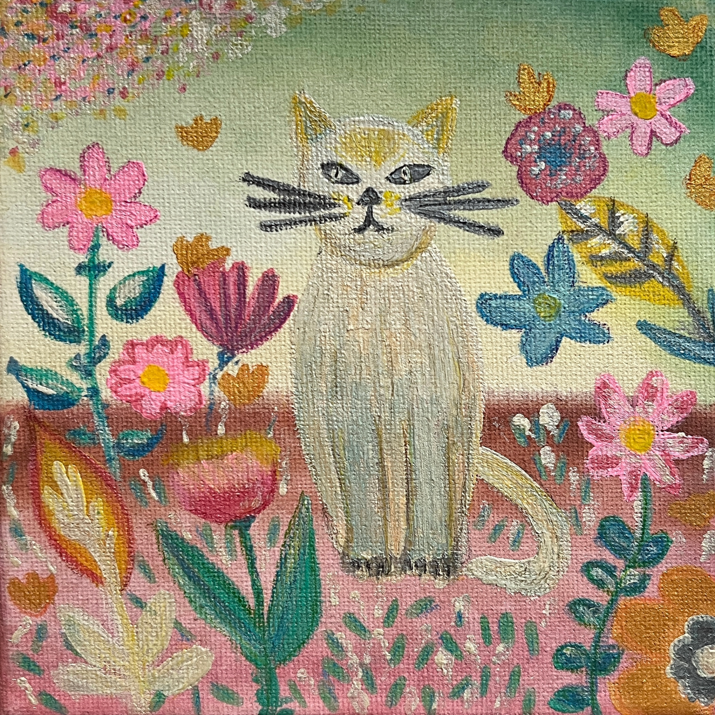 White Cat in a Garden Painting