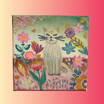 White Cat in a Garden Painting