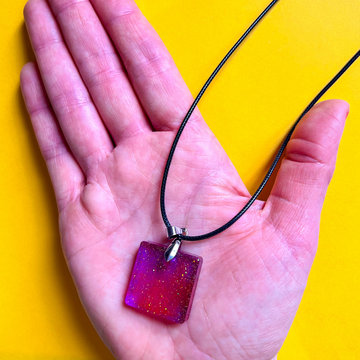 Square Purple Sparkly Necklace — purple sparkly resin necklace by Glimmette.